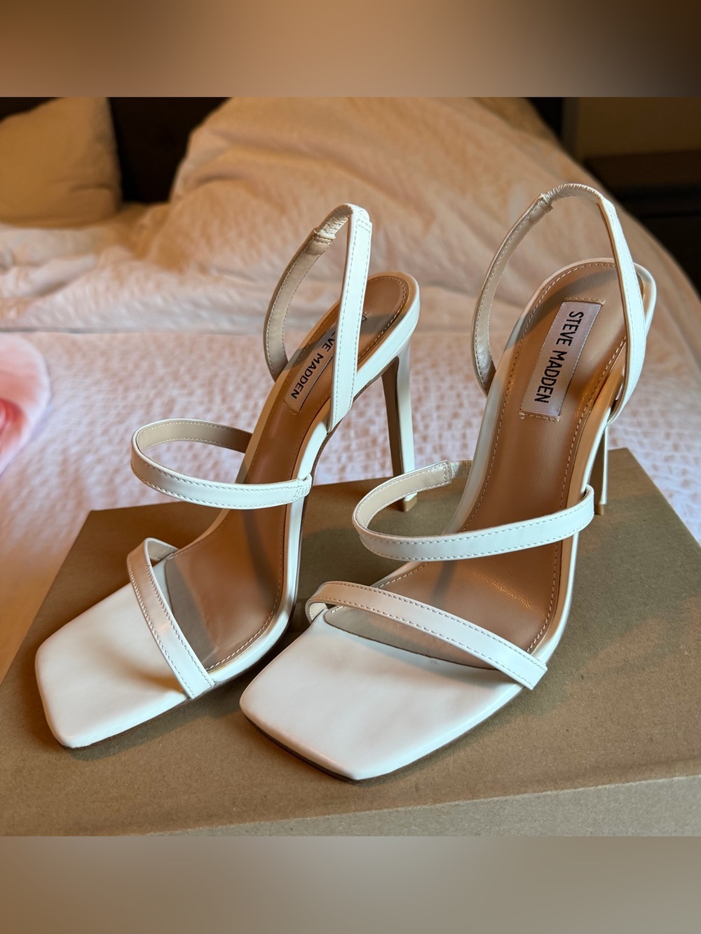 Steve Madden White Strappy Square-Toe Stiletto Heels